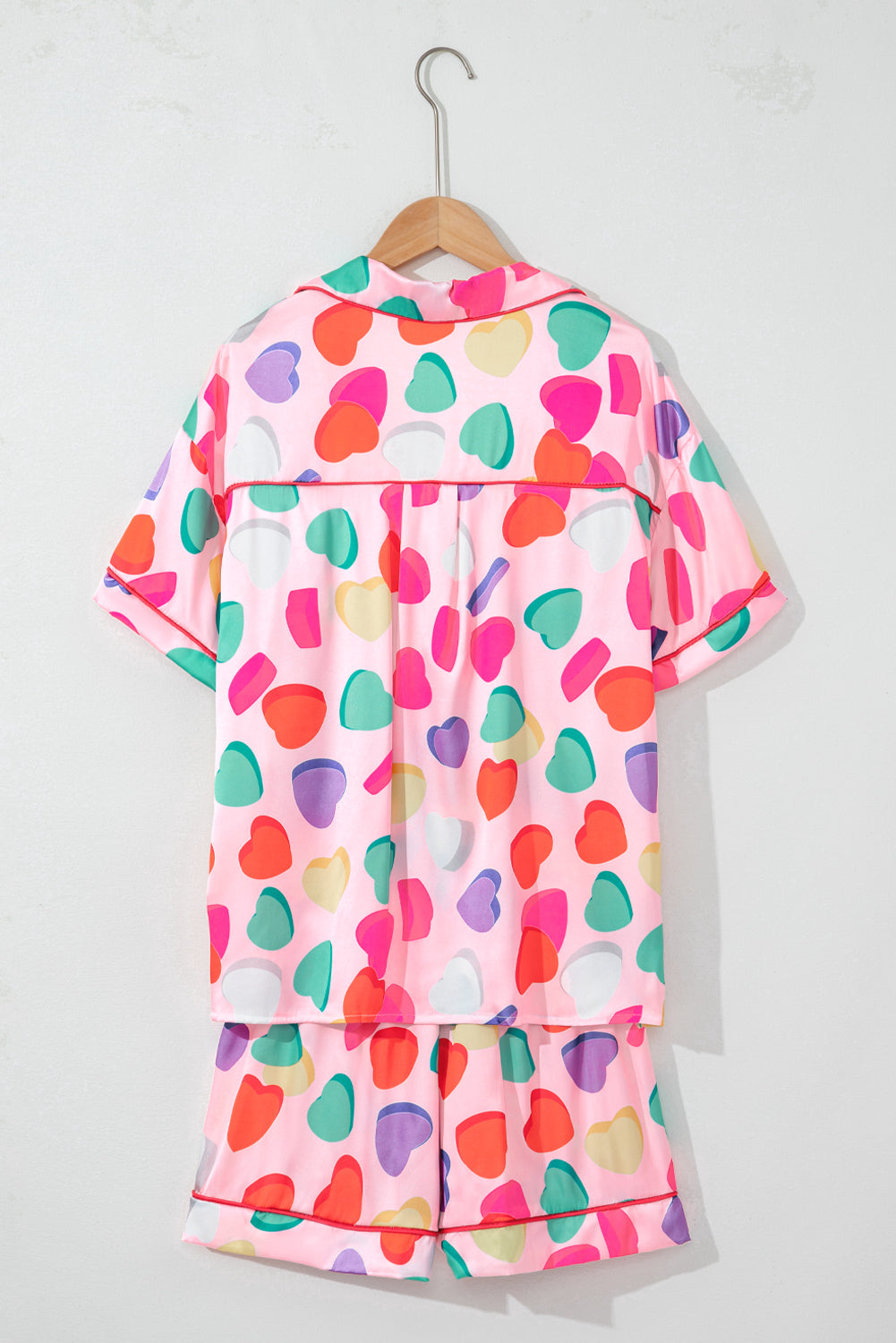 Pink Full Heart Pattern Shirt and Shorts Satin Pajama Set