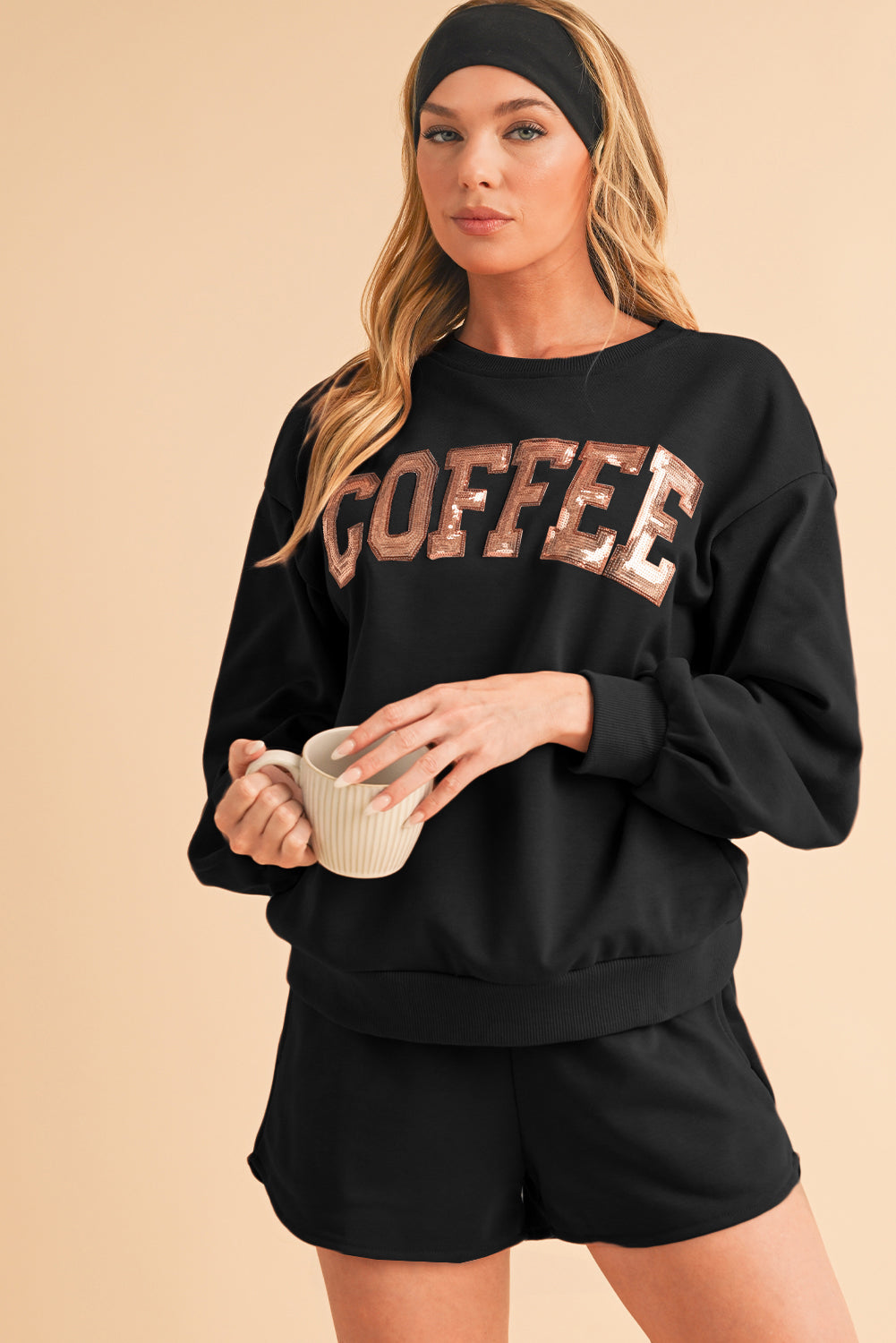 Straw Yellow Sequins COFFEE Loose Fit Sweatshirt and Shorts Set