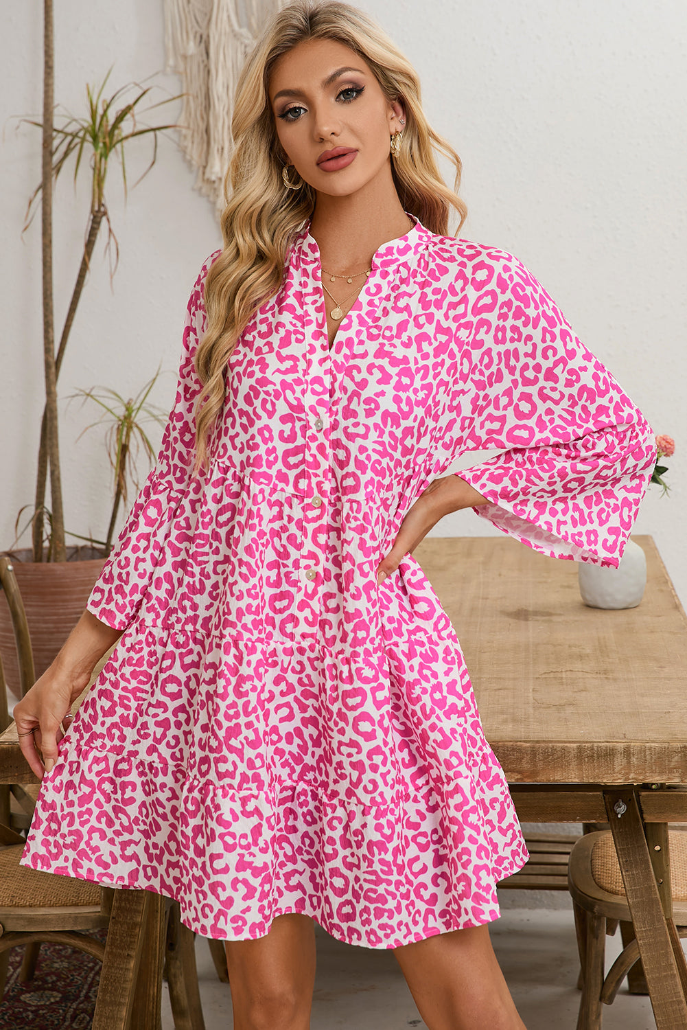 Bright Pink Leopard Print Flounce Sleeve Mini Dress