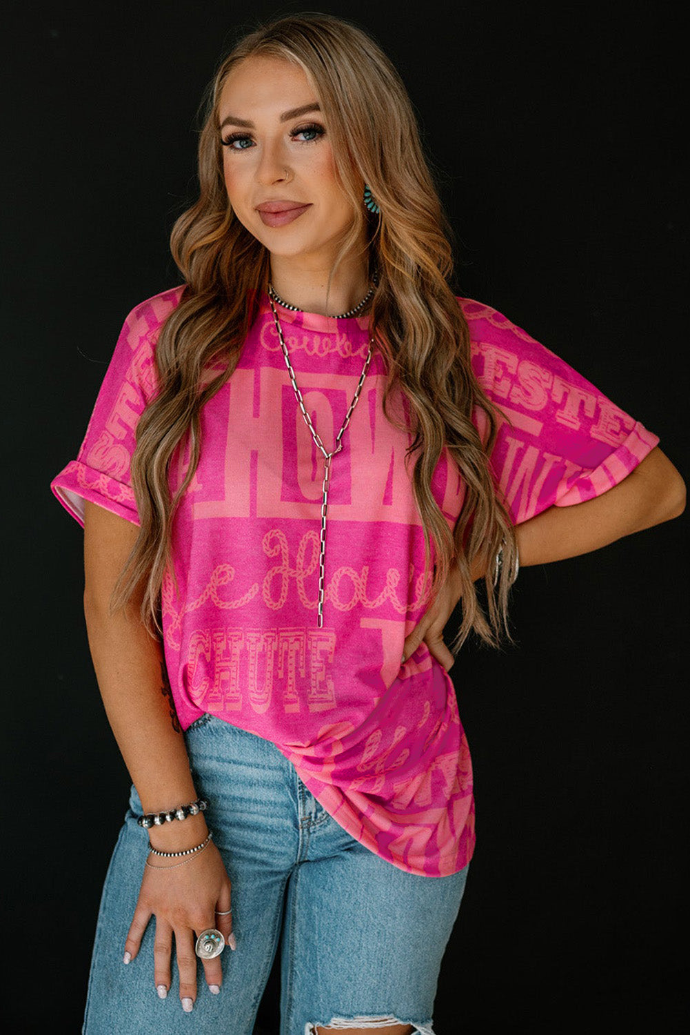 Rose Cowboy Letter Print Graphic Loose Tee