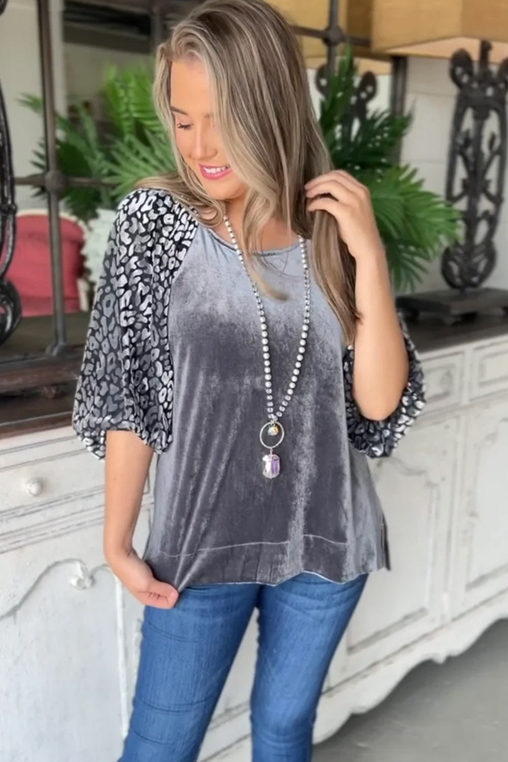 Grey Leopard Splicing Lantern Sleeve Velvet Blouse