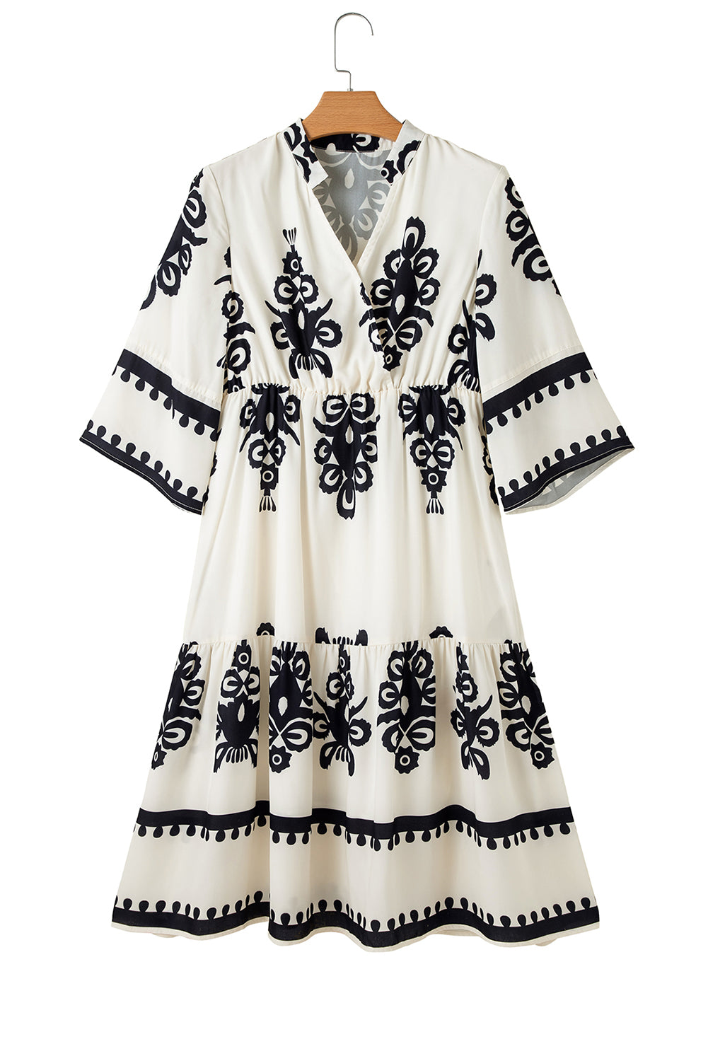 Black Ethnic Print 3/4 Sleeve Loose Midi Dress