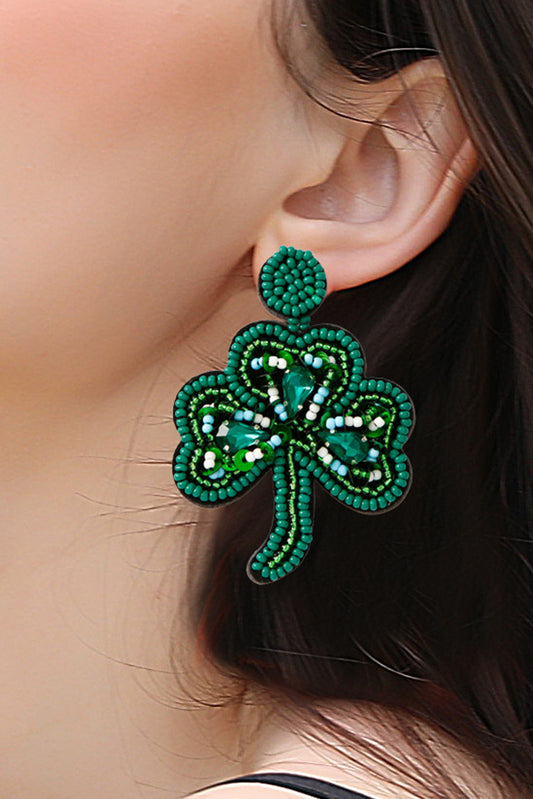 Blackish Green St Patrick Clover Beaded Dropping Earrings