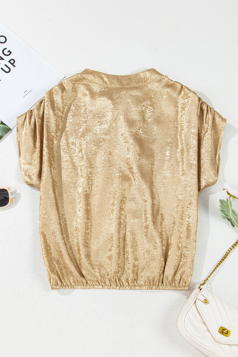 Gold Knot Back Casual Ruched Sleeve Blouse