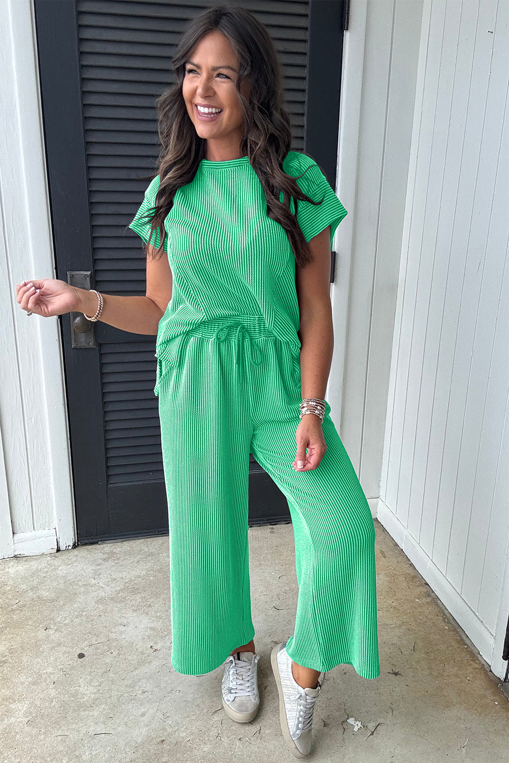 Bright Green Solid Corded T Shirt and Wide Leg Pants Set