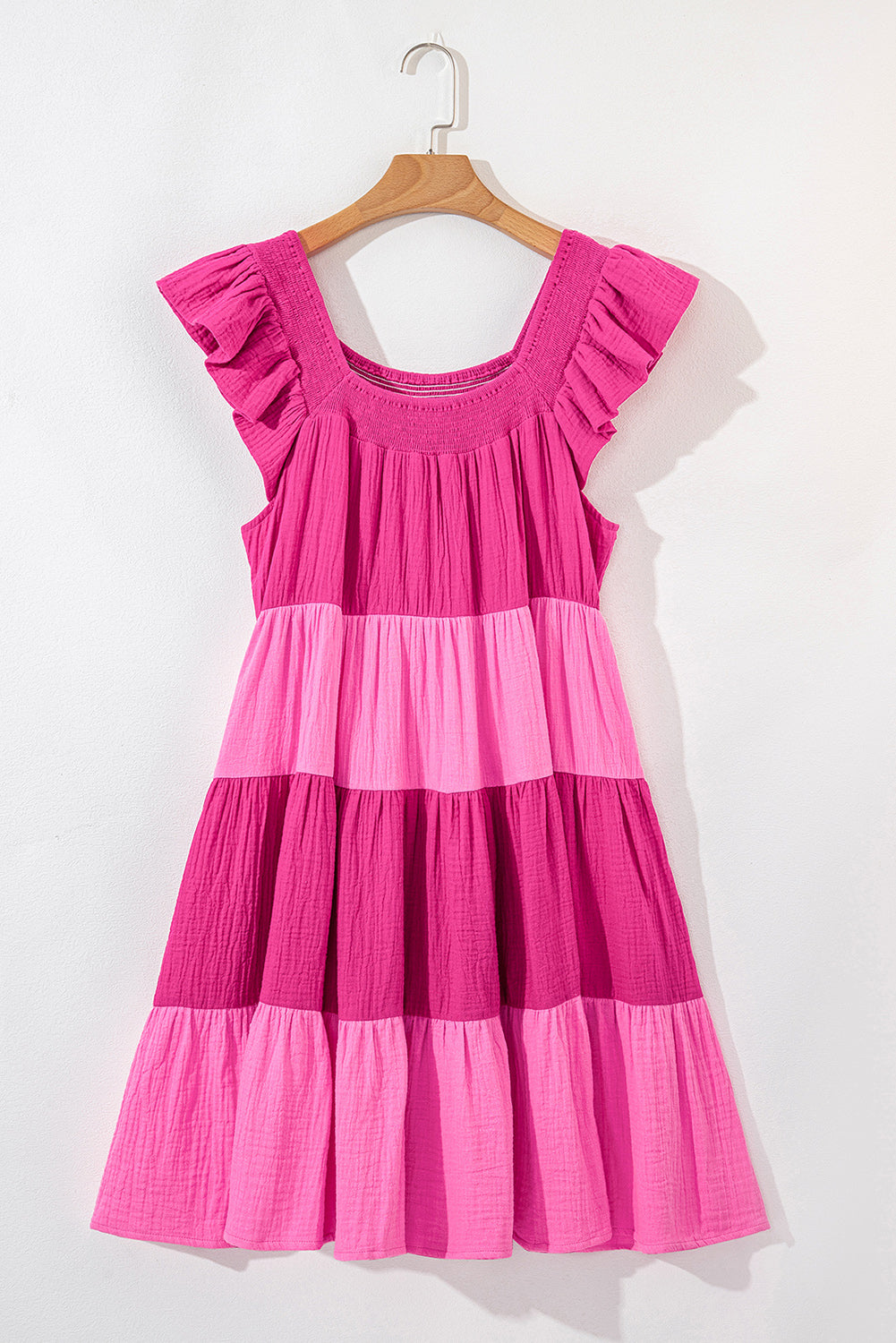 Pink Crinkled Colorblock Patchwork Tiered Mini Dress