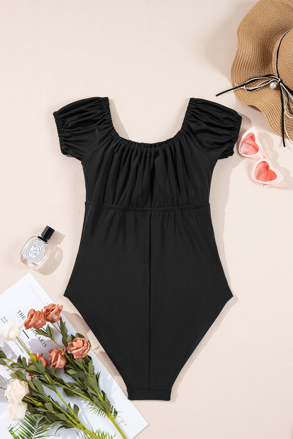 Black Elastic Neckline Short Sleeve One Piece Swimsuit