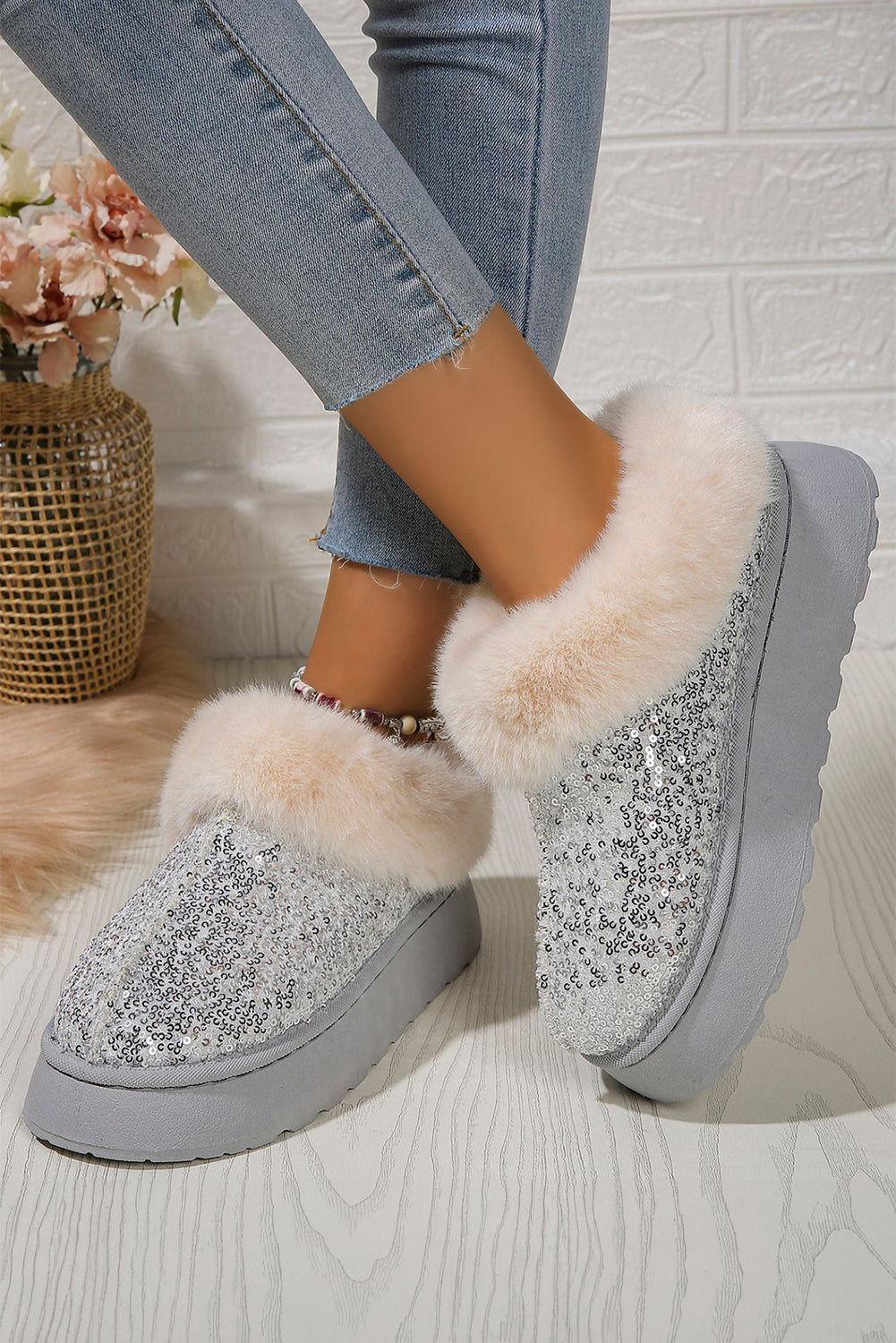 Silvery Sequin Plush Lined Thick Sole Snow Boots