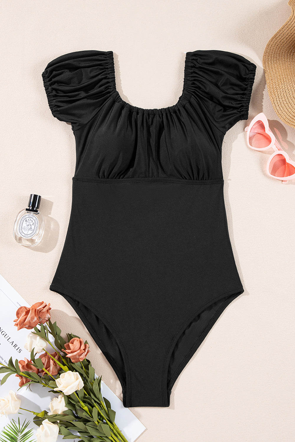 Black Elastic Neckline Short Sleeve One Piece Swimsuit