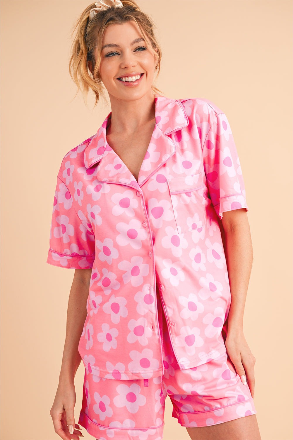 Pink Flower Print Buttoned Shirt And Drawstring Waist Pajama Set