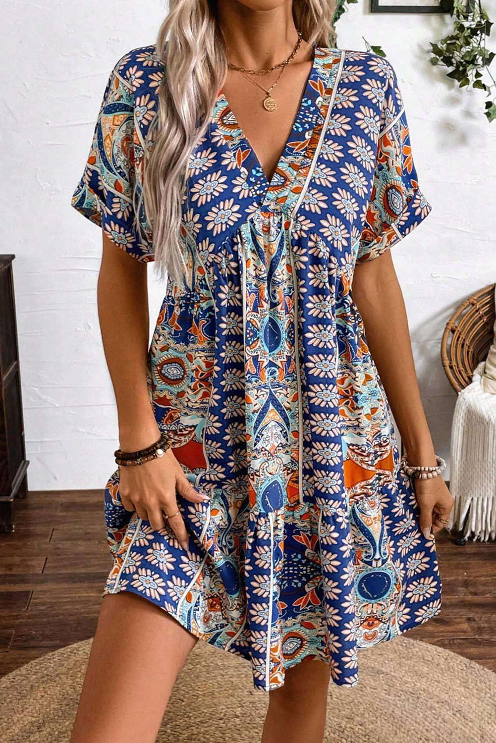 Blue Random Flower Print V-Neck High Waisted Dress