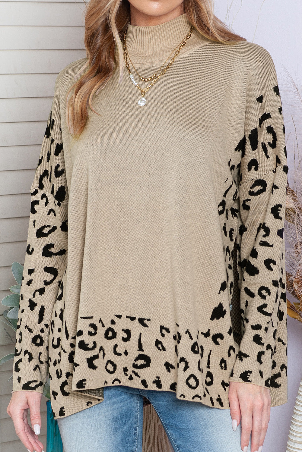 Gray Leopard Casual Side Slit High Neck Oversized Sweater