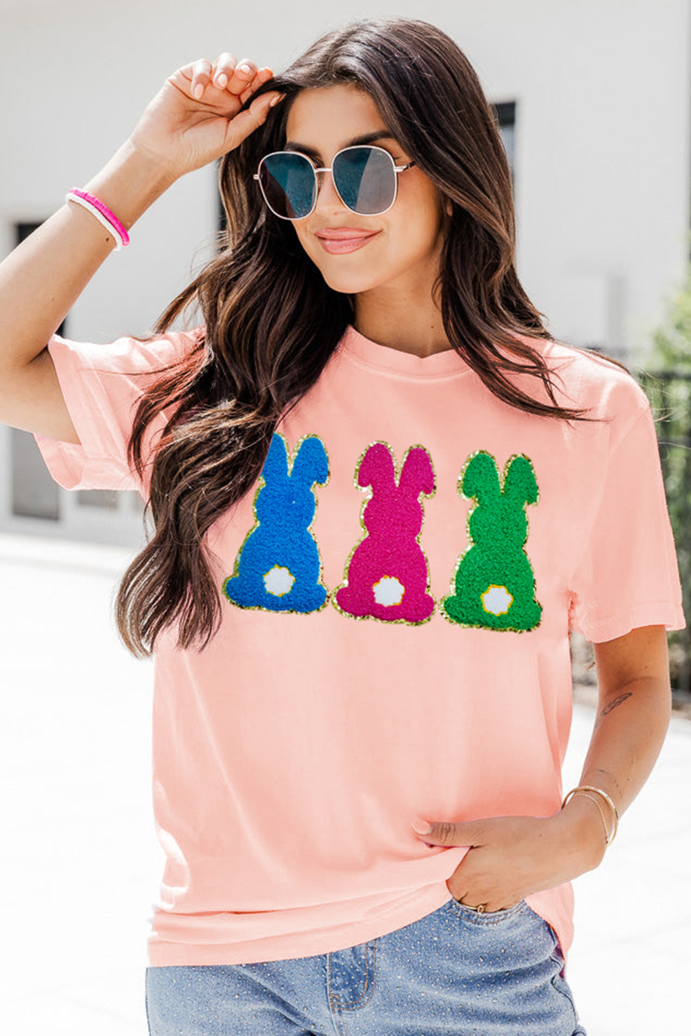 Pink Easter Bunny Chenille Patched Graphic Tee