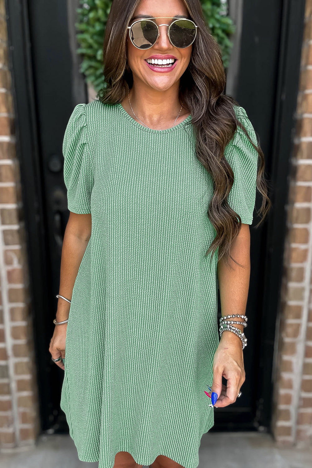 Mint Green Corded Crew Neck Puff Sleeve Mini Dress