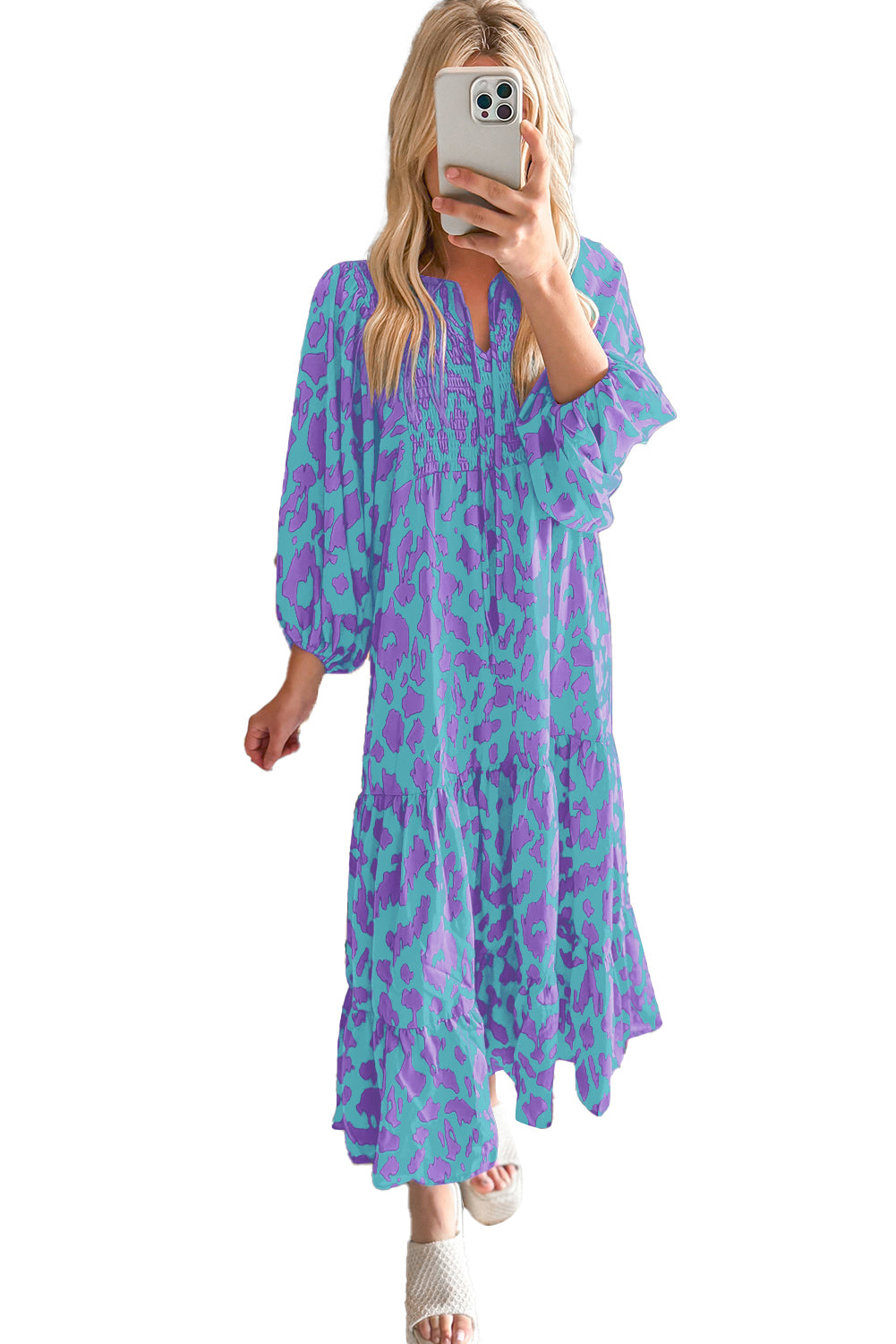 Green Abstract Print Puff Sleeve Smocked V Neck Maxi Dress