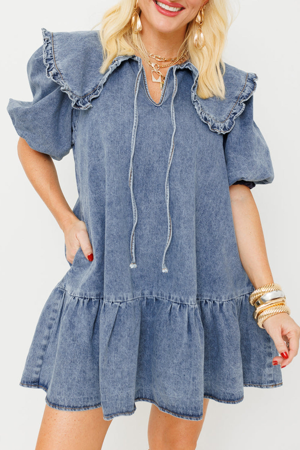 Dusk Blue Ruffle Collar Side Pockets Puff Sleeve Denim Mini Dress