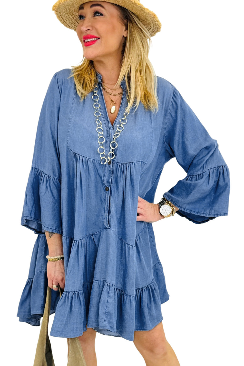 Sky Blue Chambray Ruffled 3/4 Sleeve Tiered Split V Neck Mini Dress