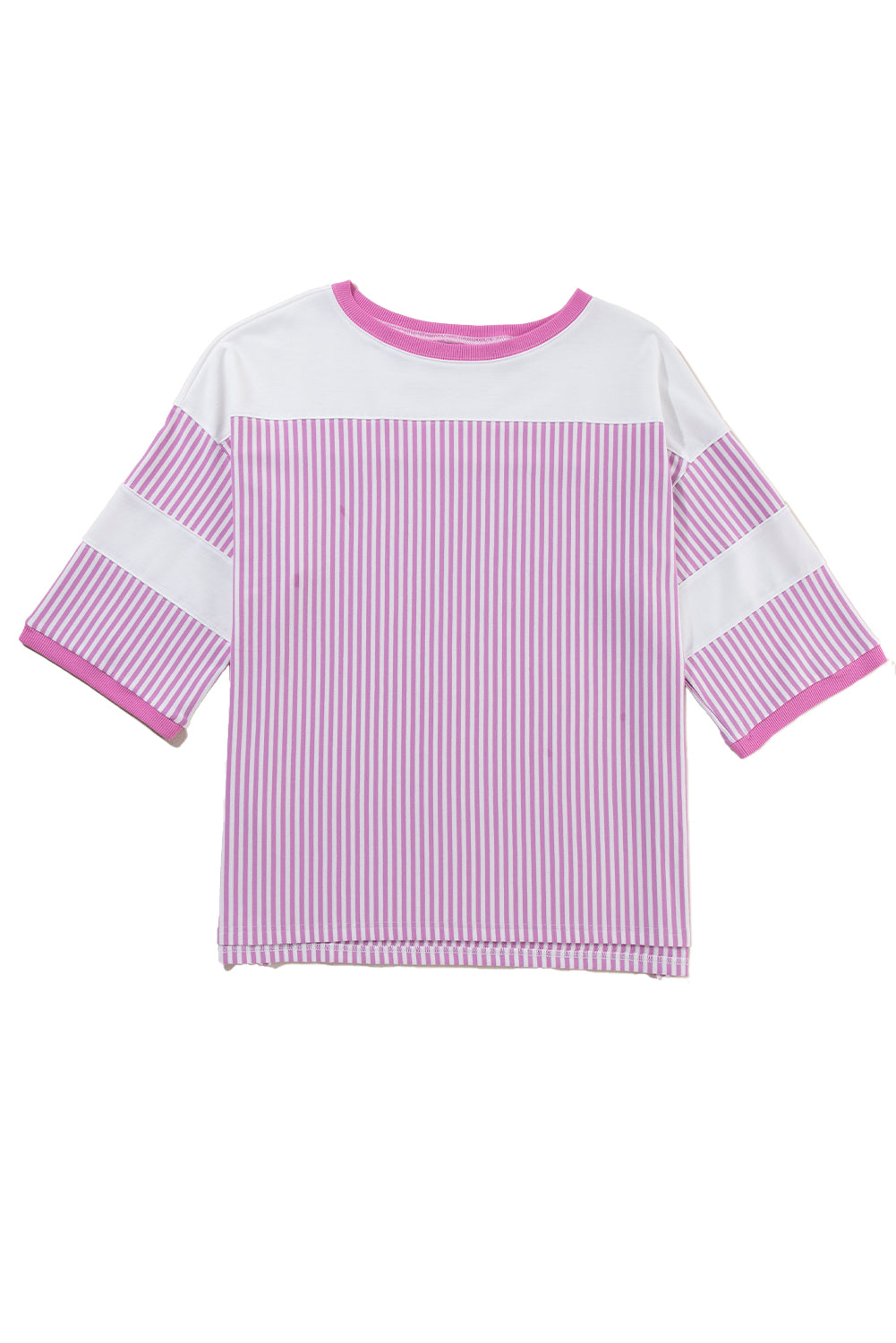 Pink Stripe Patchwork Bracelet Sleeve Plus Size T Shirt