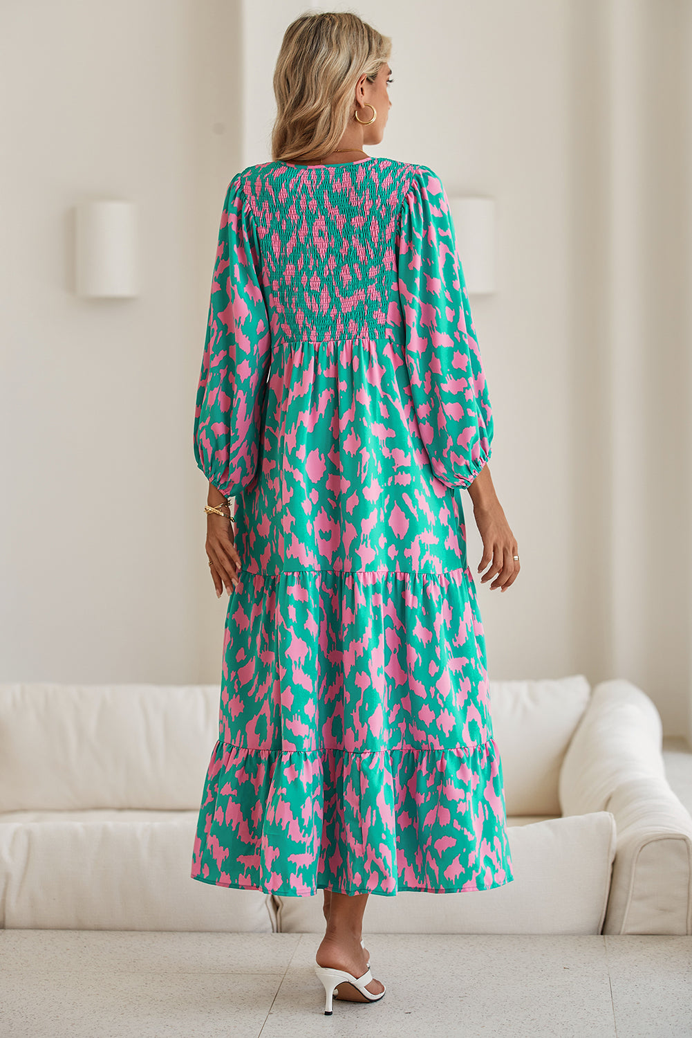 Green Abstract Print Puff Sleeve Smocked V Neck Maxi Dress