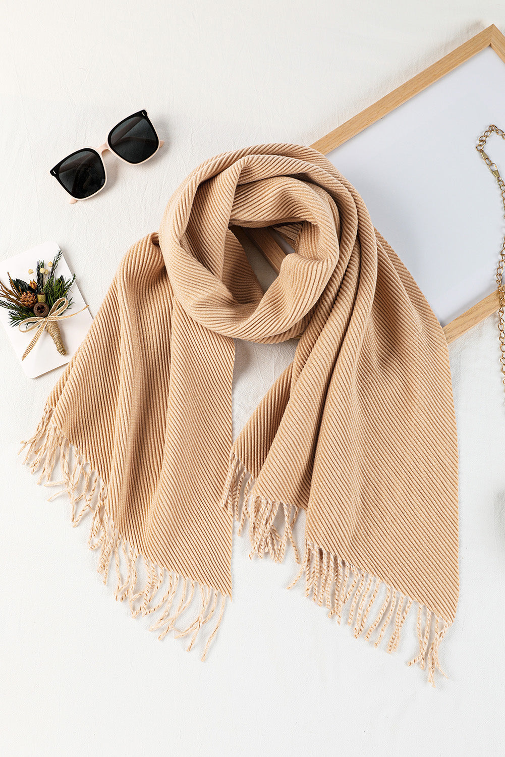 Chestnut Bohemian Fringe Trim Textured Scarf