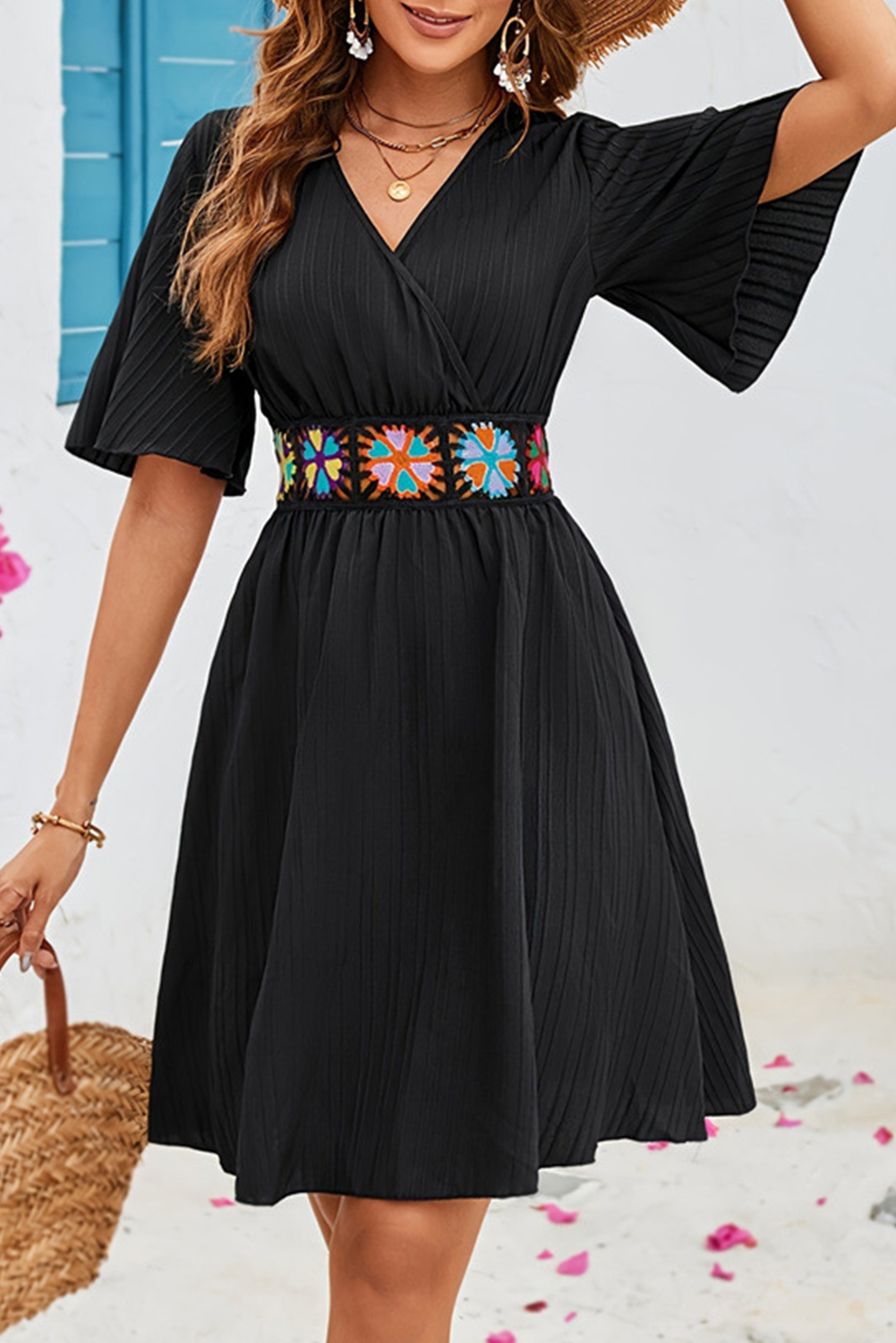 Black Floral Embroidered Belt Flutter Sleeve V Neck A Line Dress