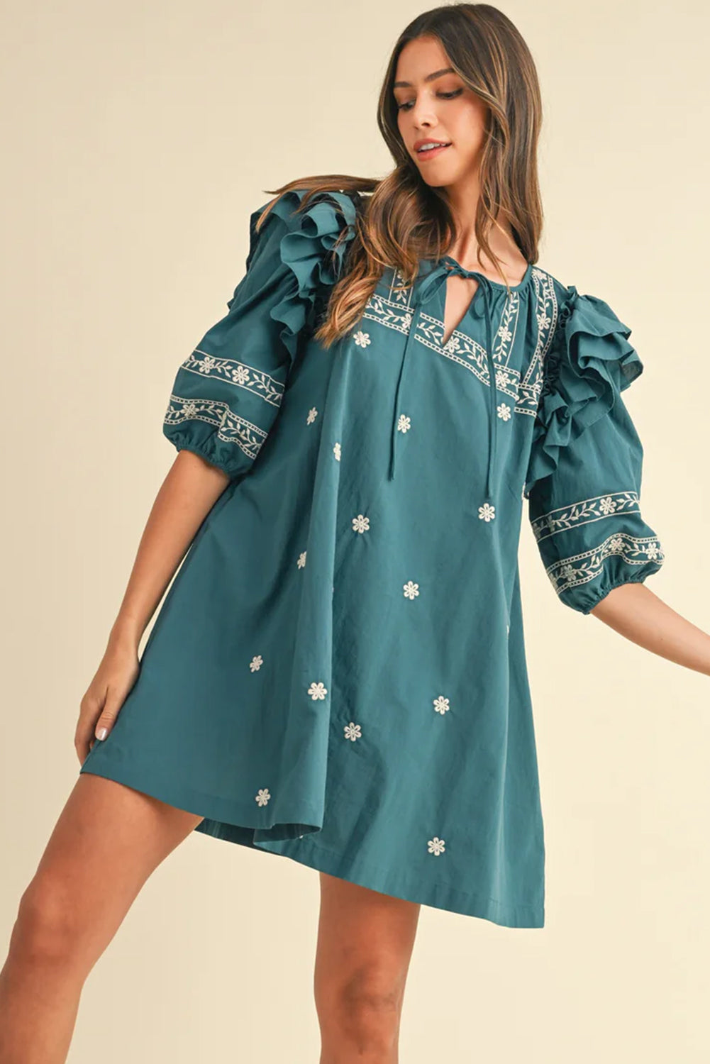 Skobeloff Boho Floral Puff Sleeve Tie Neck Mini Dress