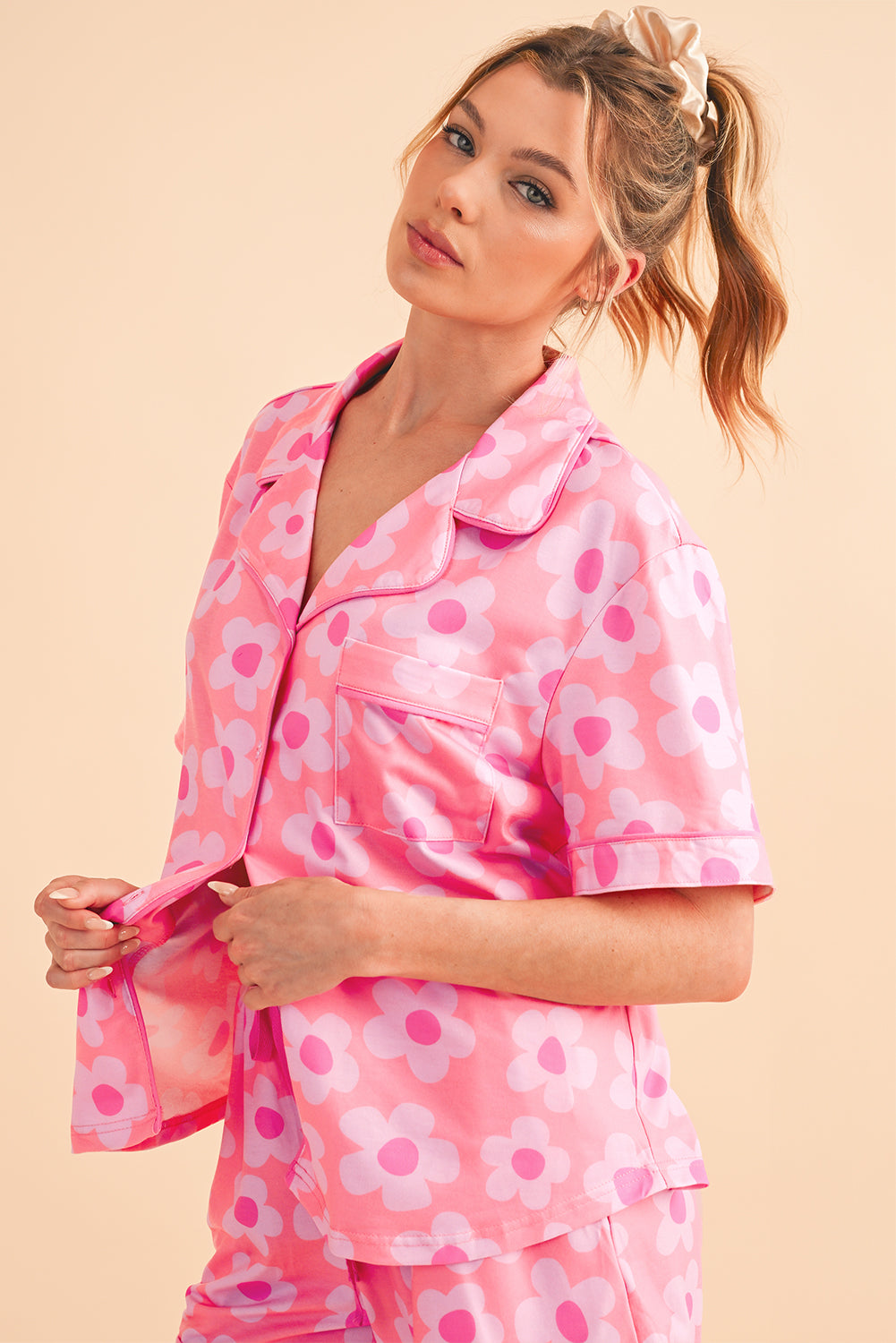 Pink Flower Print Buttoned Shirt And Drawstring Waist Pajama Set