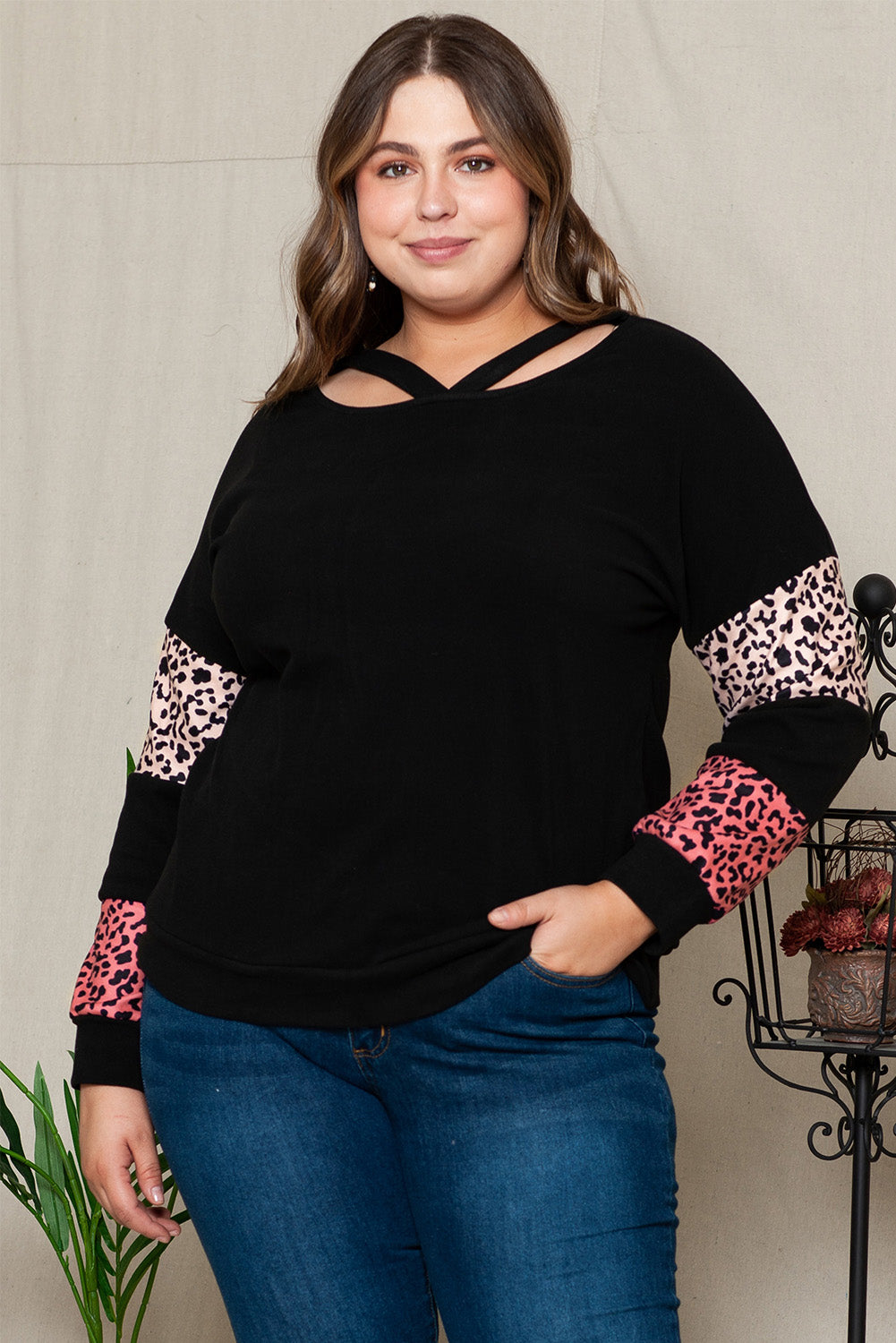 Black Plus Size Leopard Patchwork Strappy Neck Top