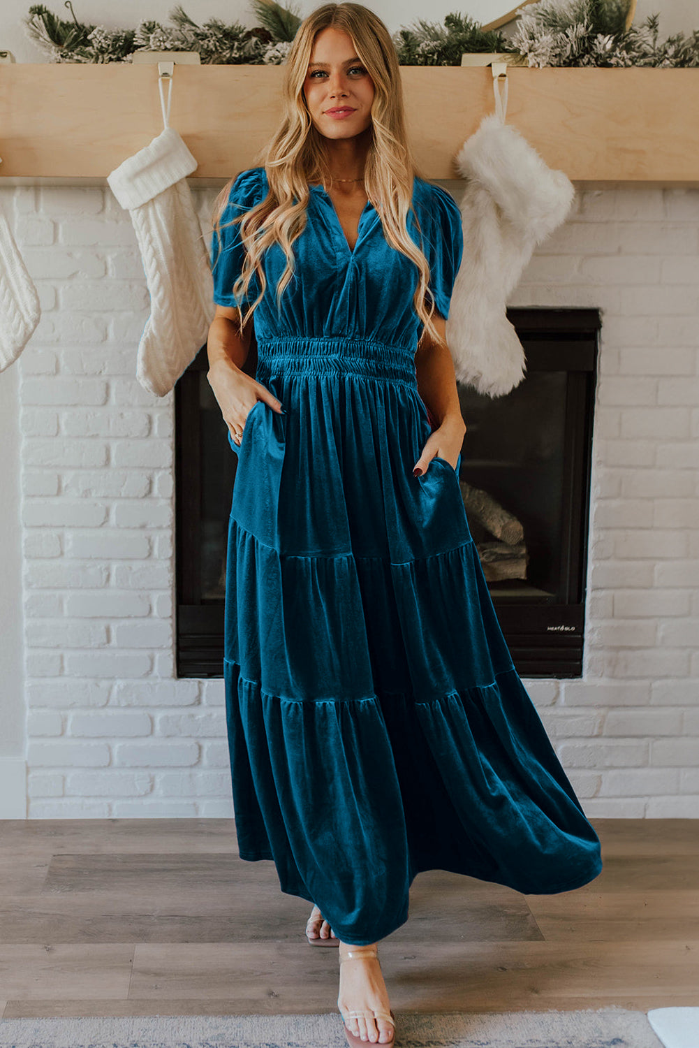 Evergreen Velvet Puff Short Sleeve Smocked Waist Tiered Maxi Dress