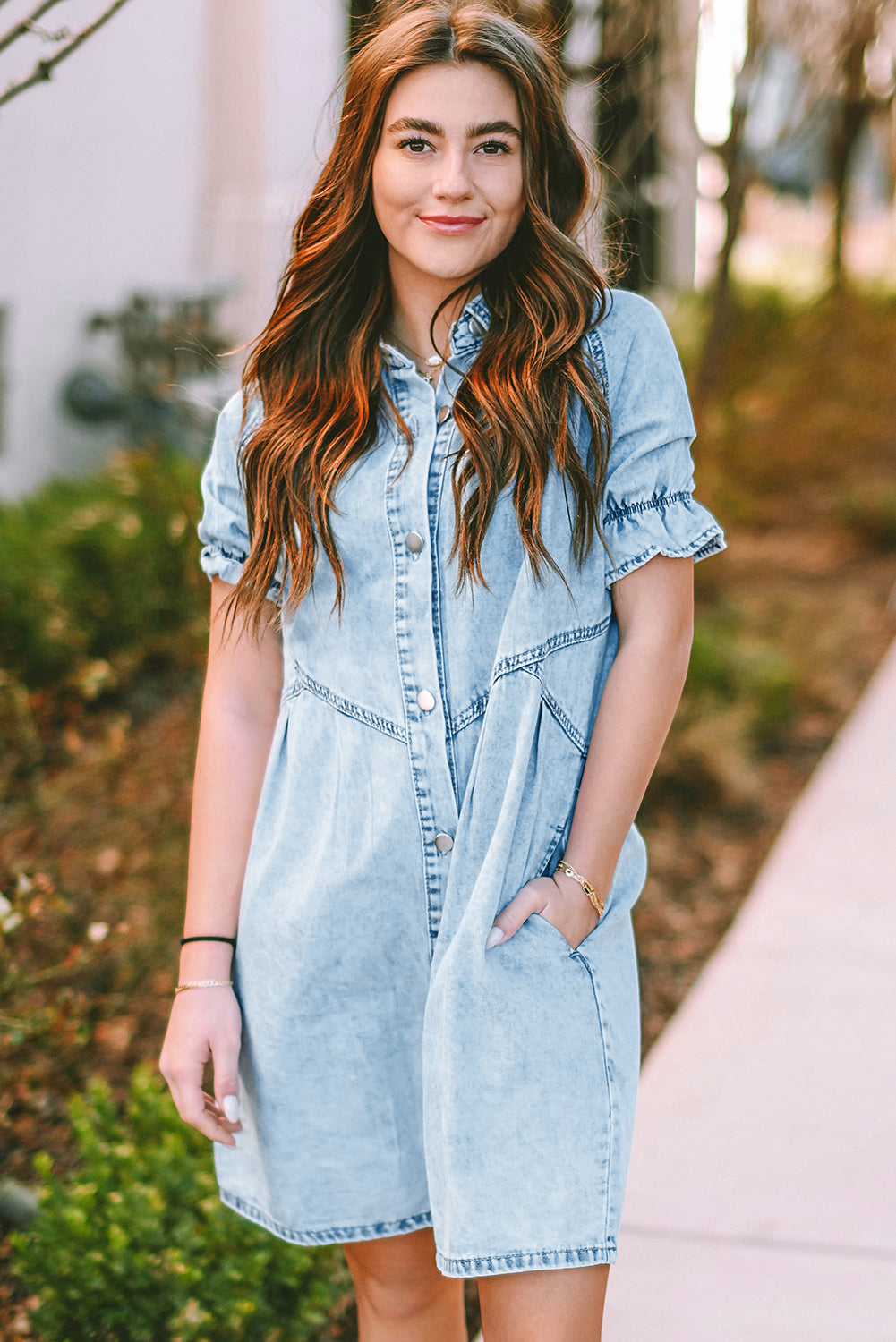 Blue Mineral Washed Ruffled Short Sleeve Pocketed Denim Dress