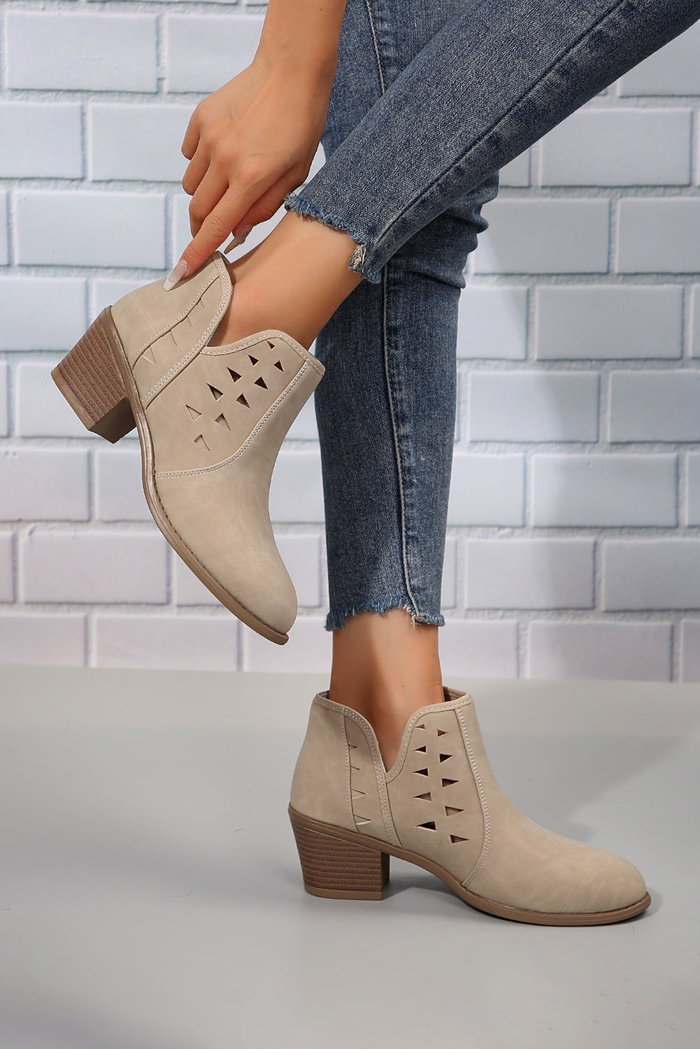 Parchment Cut Out Suede Pointed Toe Heeled Ankle Boots