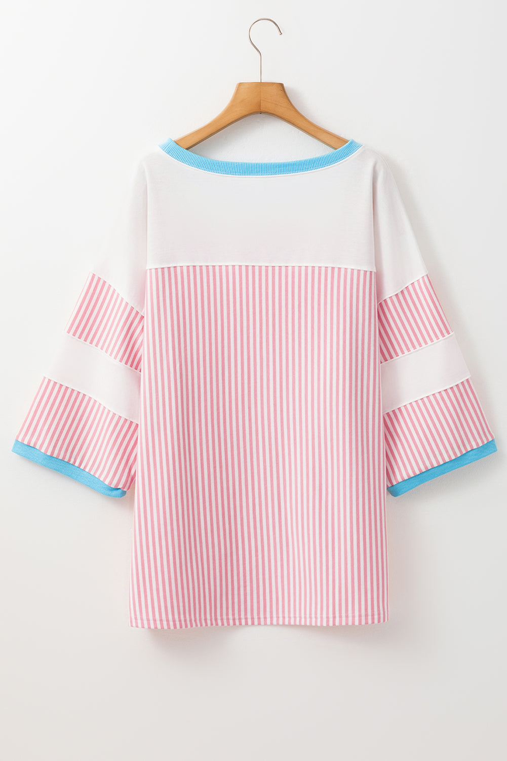 Pink Stripe Patchwork Bracelet Sleeve Plus Size T Shirt