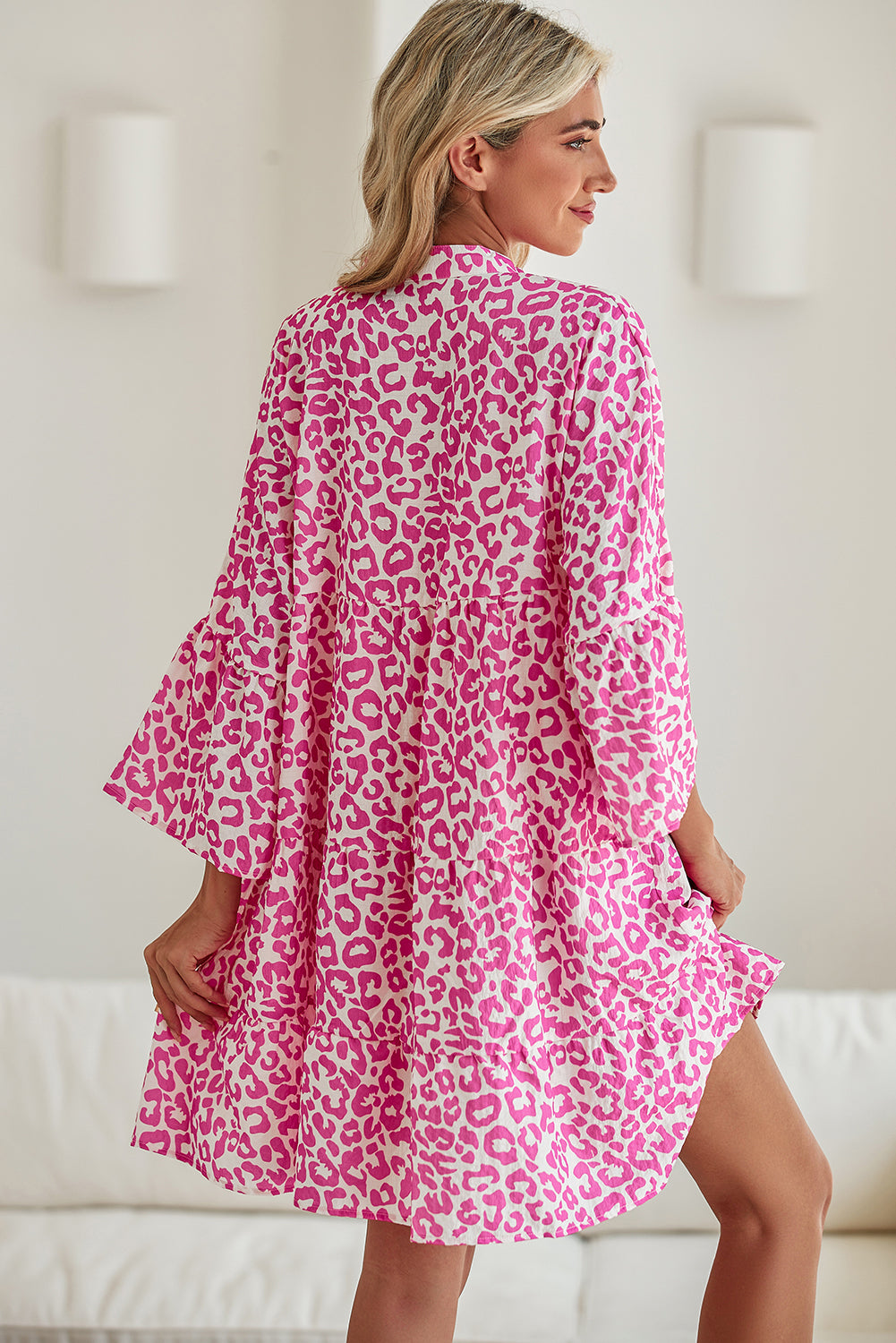 Bright Pink Leopard Print Flounce Sleeve Mini Dress