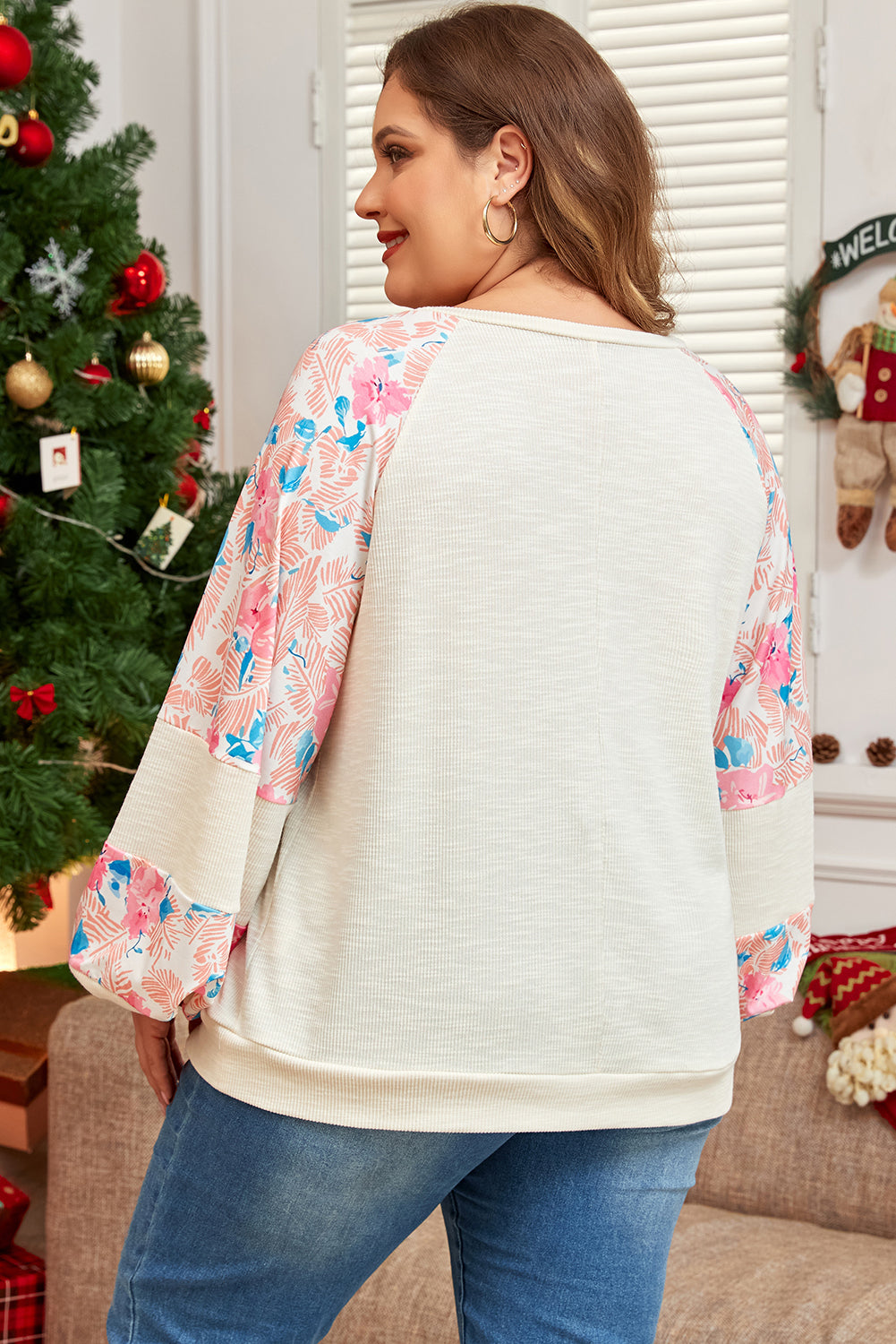 Apricot Floral Patchwork Puff Sleeve Plus Size Ribbed Top