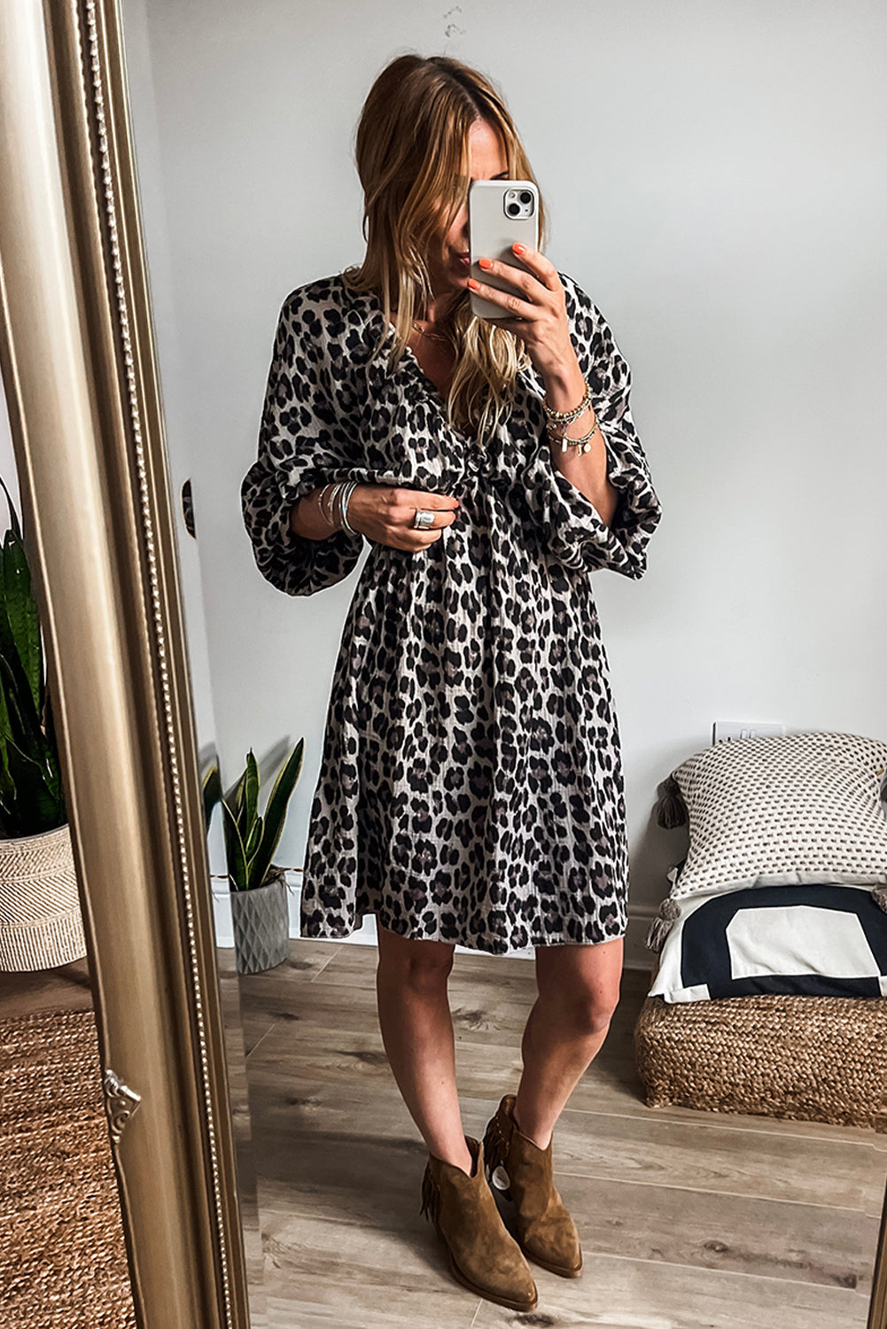 Pink V Neck 3/4 Puff Sleeve Leopard Print Dress