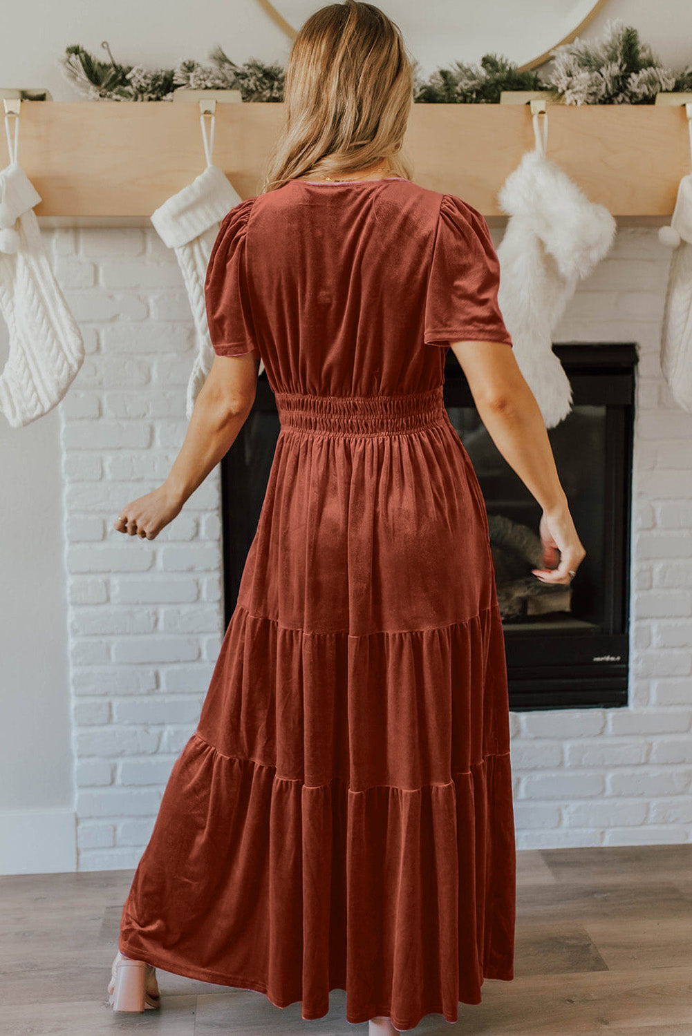 Evergreen Velvet Puff Short Sleeve Smocked Waist Tiered Maxi Dress