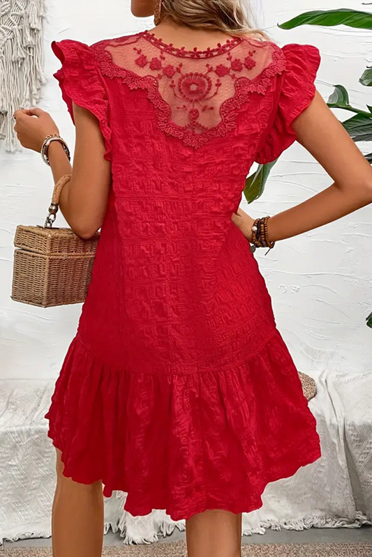 Fiery Red Solid Color Ruffle Trim Sleeveless Dress