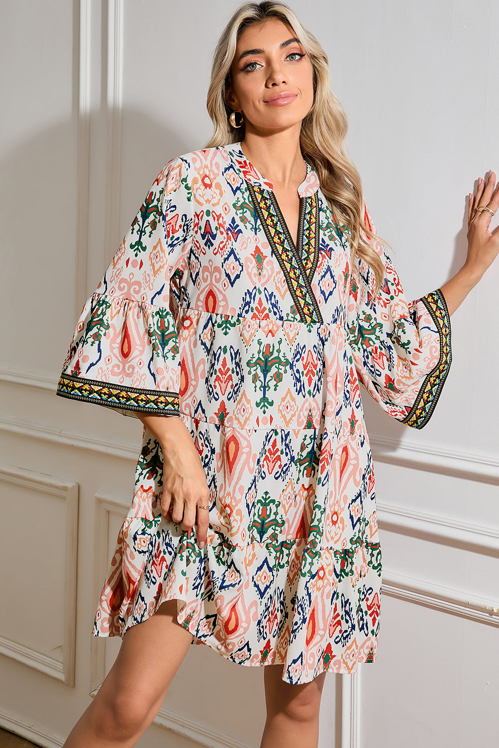 Multicolour Abstract Print Bell Sleeve Tiered Mini Dress