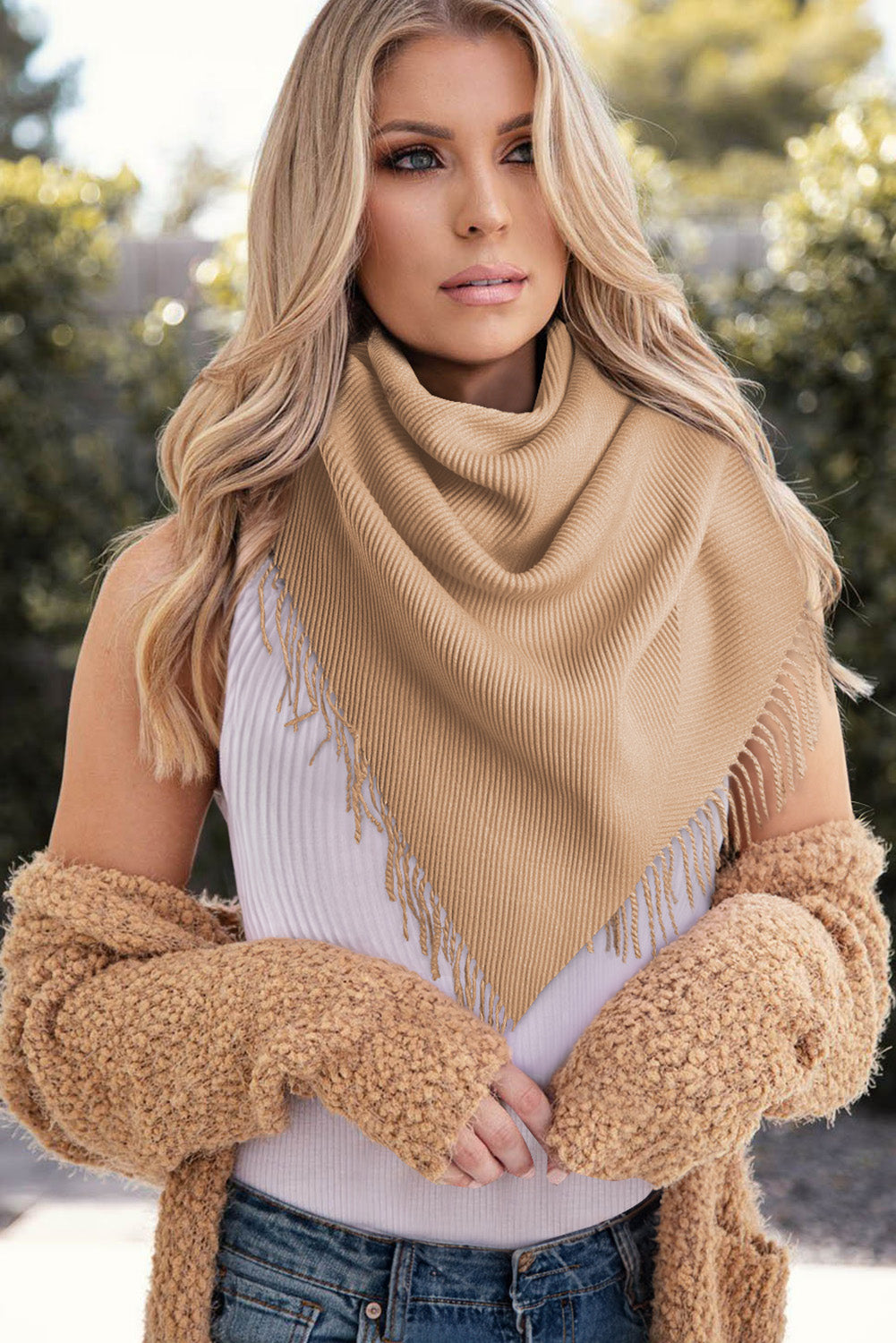 Chestnut Bohemian Fringe Trim Textured Scarf