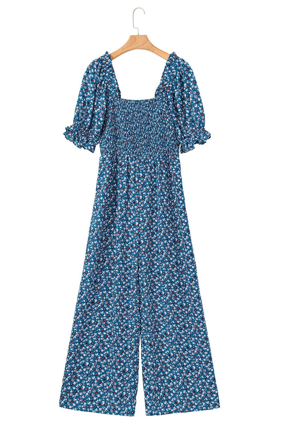 Blue Vintage Boho Floral Smocked Short Puff Sleeve Wide Leg Jumpsuit