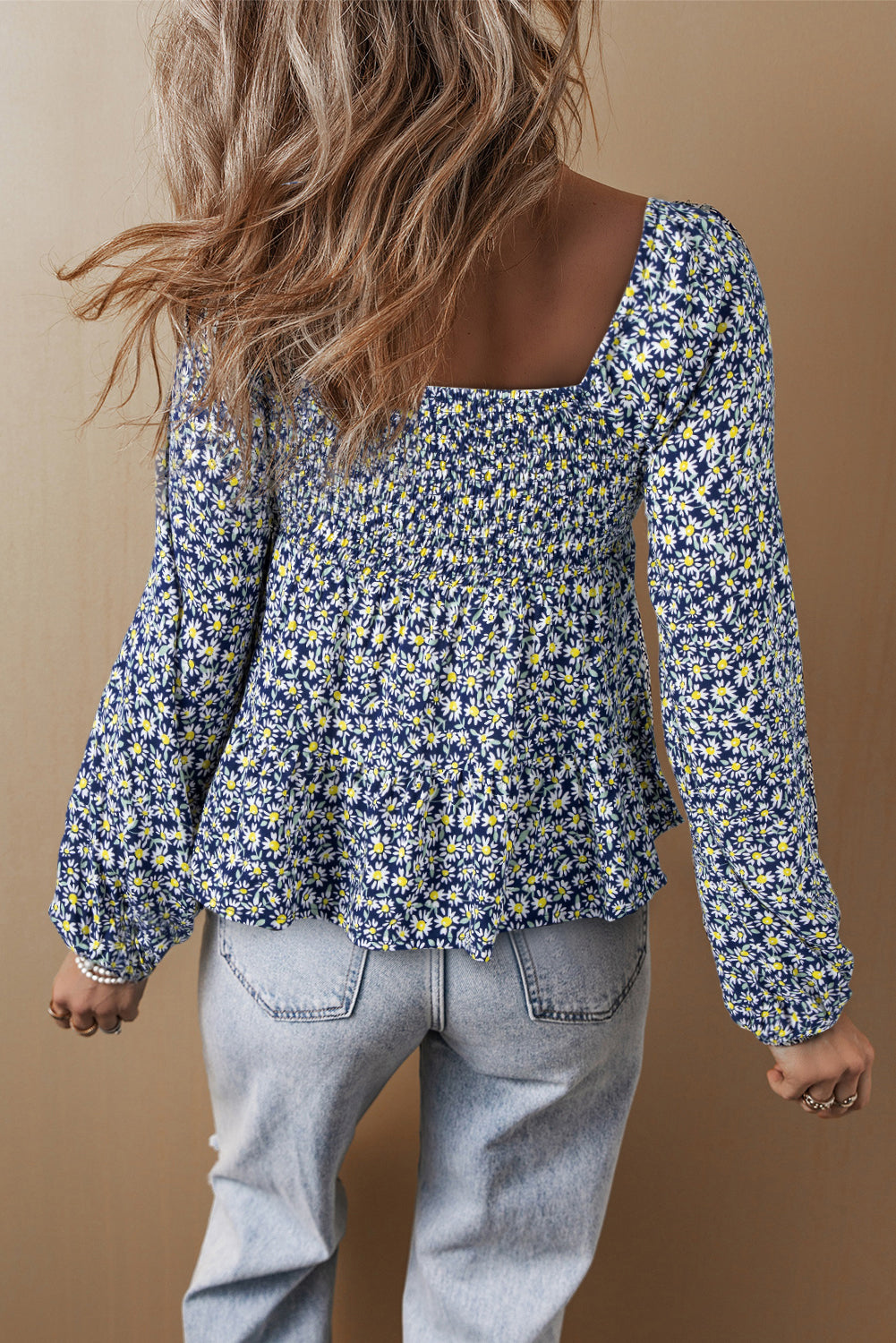 Blue Boho Floral Print Smocked Square Neck Blouse