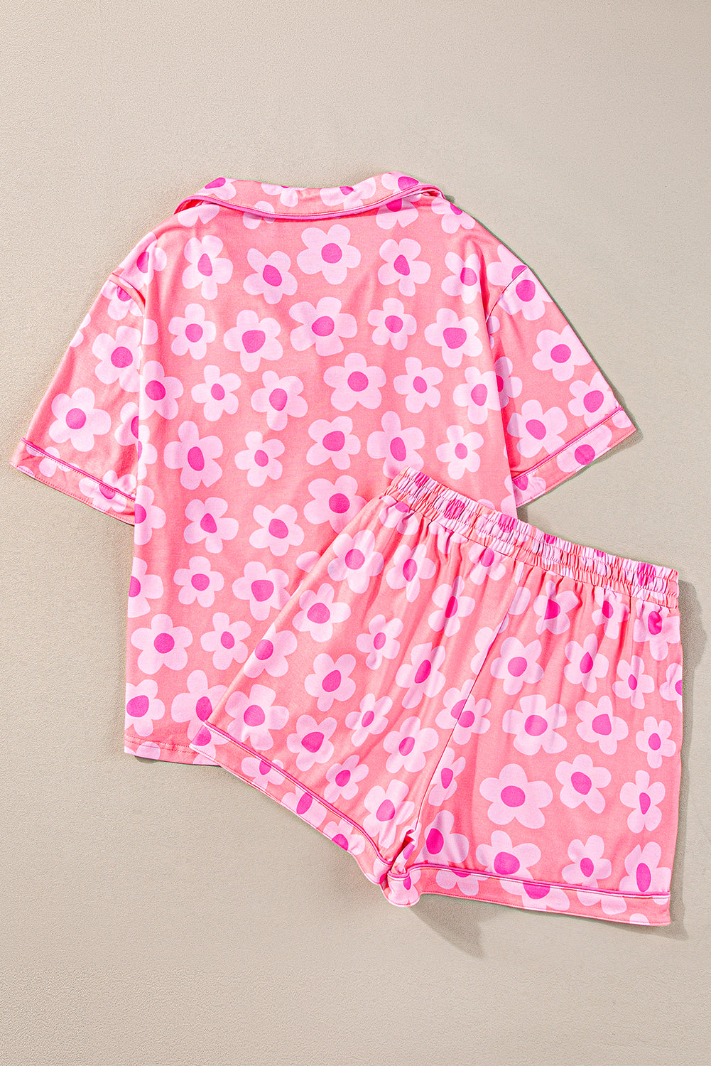 Pink Flower Print Buttoned Shirt And Drawstring Waist Pajama Set