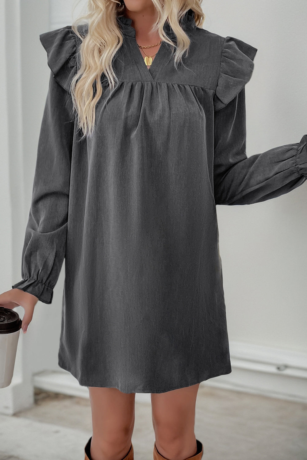 Dark Grey Solid Color Ruffle Trim Long Sleeve V Neck Mini Dress