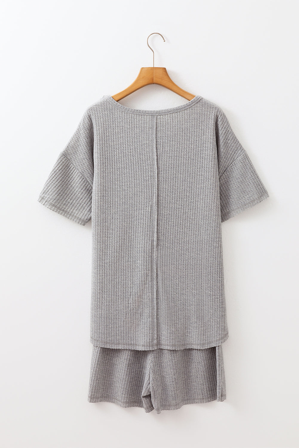 Gray Solid Color Waffle Knit T Shirt and Shorts Set