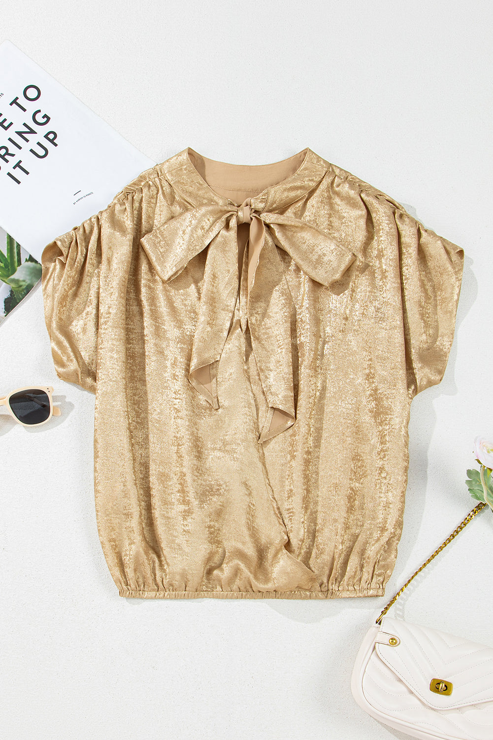 Gold Knot Back Casual Ruched Sleeve Blouse