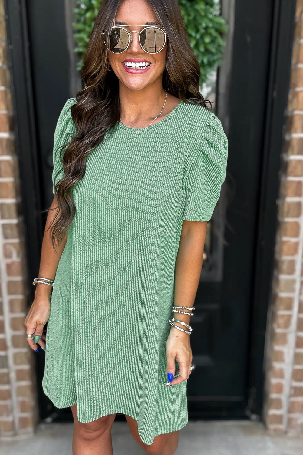 Mint Green Corded Crew Neck Puff Sleeve Mini Dress