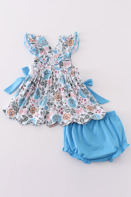 Premium Blue Floral I Love Mom Embroidery Bloomer Set