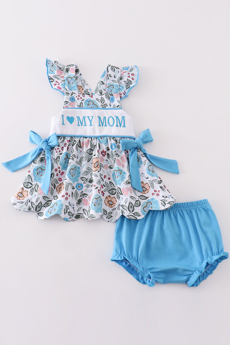 Premium Blue Floral I Love Mom Embroidery Bloomer Set