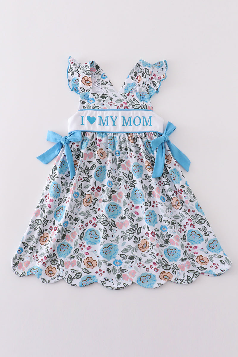 Premium Blue Floral I Love Mom Embroidery Dress