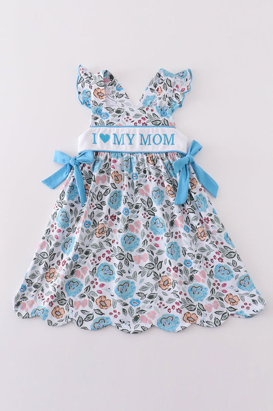 Premium Blue Floral I Love Mom Embroidery Dress